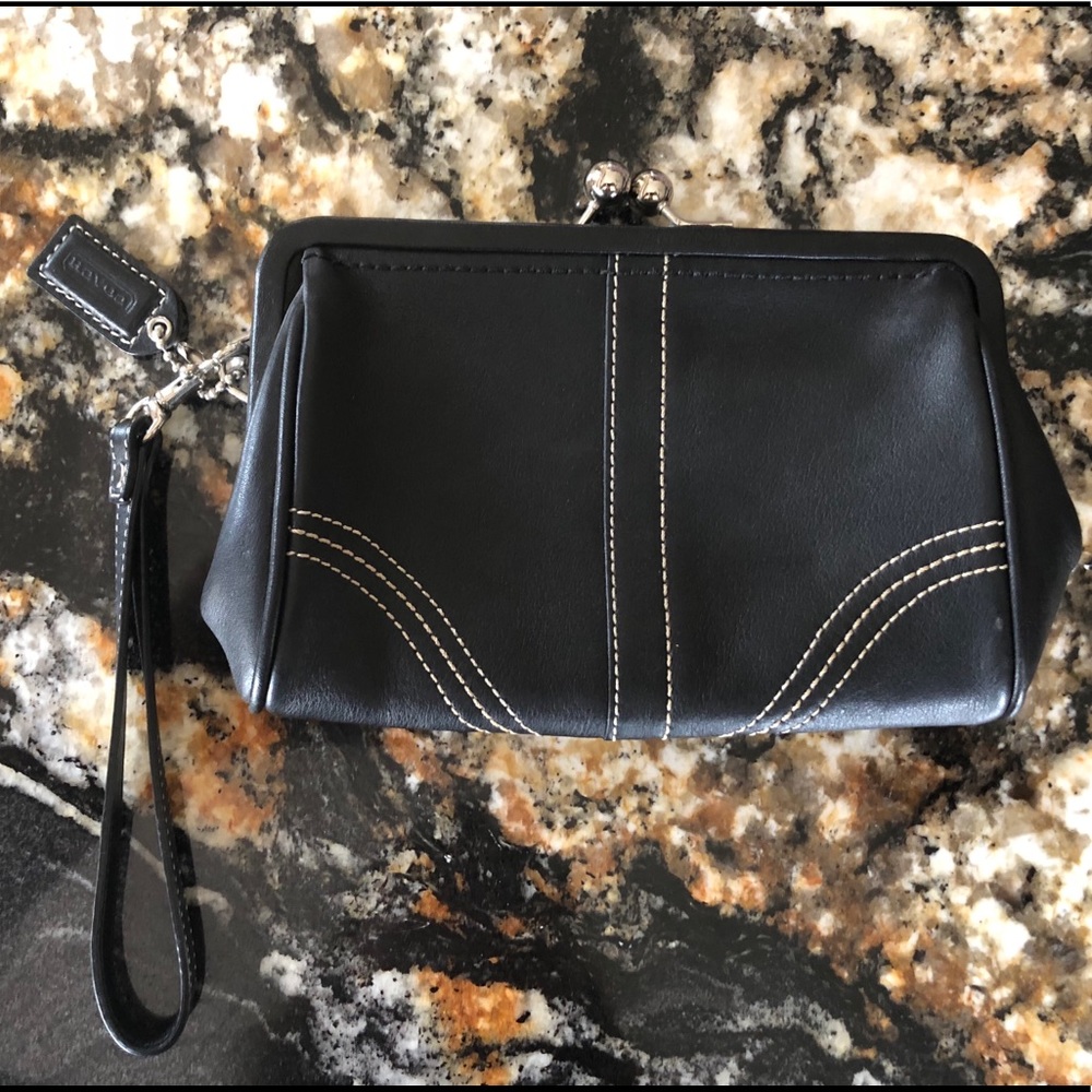 Coach black leather kisslock wristlet